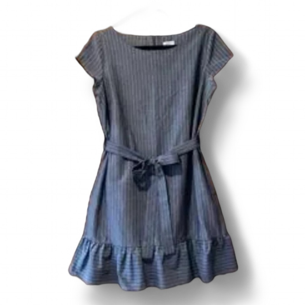 Westport Blue Striped Chambray Belted Ruffle Dress Size 12p